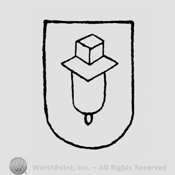 A shield with a cube above a bell shape