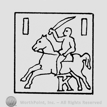 A knight on a horse with a sword in hand above an uppercase K inside asquare