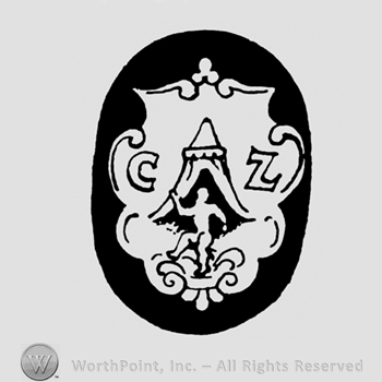 A cartouche with a man in front of a tent inside an oval