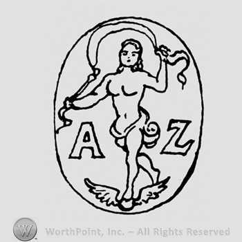 An oval with a man holding a whip above two wings and with the initials A Z