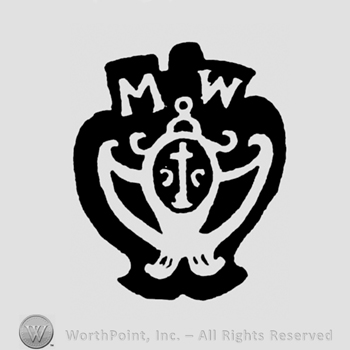 An oval with a cross inside with two wing like shapes on the sides under the initials M W