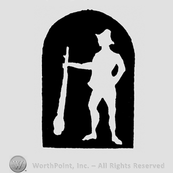 An upside down shield shape with the figure of a man with a hat holding a stick or a staff