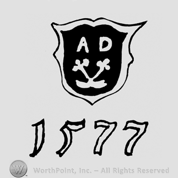 A shield with the initials A D and two clovers crossed above the number 1577