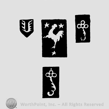 A shield, a rectangle with a a rooster and two stars, and two rectangles with flowers
