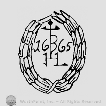A monogram with N B 1665 surrounded bu laurel branches