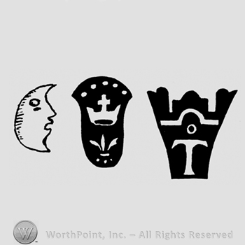 A crescent moon, a shield with a crown and a fleur de lis and a shield with an uppercase T and a circle