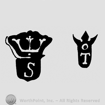 A crown above a shield with an S and a crown above a shield with a circle and a T