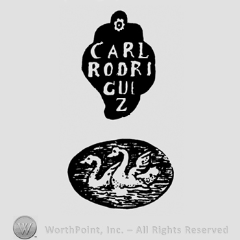 A flower above the text Carl Rodri Gue Z and above an oval with two swans on water