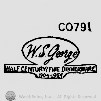 Oval shape frame with W.S. George hand written inside it, Half Century Fine Dinnerware 1904-1954 written in a rectangular shape frame, below it