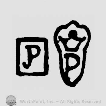 A shield with a crown and a P and a square with the initials J P combined