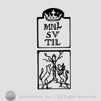 Two rectangles, a crown, Mnl Sv Til, a dog and a crowned lion prancing on a tree
