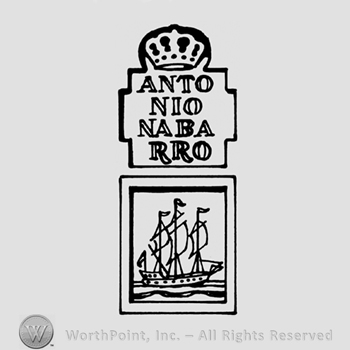 A crown above the text Antonio Nabarro and a picture with a sail ship