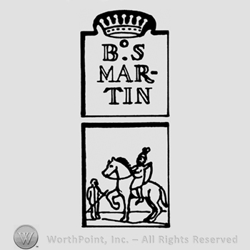 A crown above the name B S Martin above a knight on a horse and a man on foot