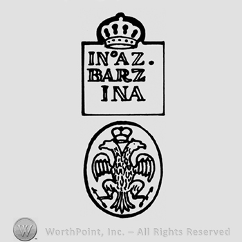 A crown above the name In Az Barzina above an image with a crowned two headed eagle