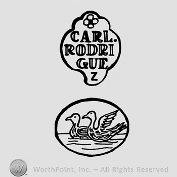 A flower above the name Carl Rodriguez above an oval with two ducks on water