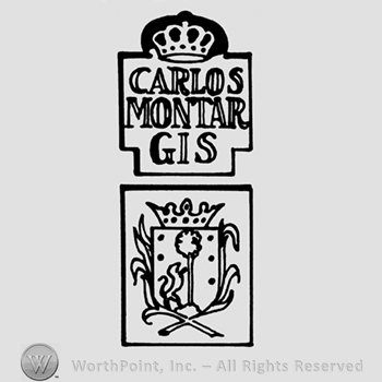 A crown above the name Carlos Montargis and above a shield with a crown above and a prancing lion and a tree on it