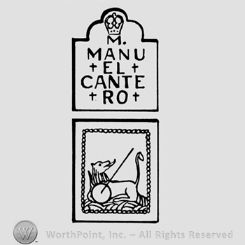 A crown above the name M Manuel Cantero above a lion with a spear