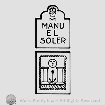 A crown above the name M Manuel Soler and an image with a sun, an anchor and two columns