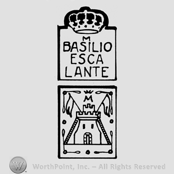 A crown above the name M Basilio Escalante above a tower with two flags and two stairs