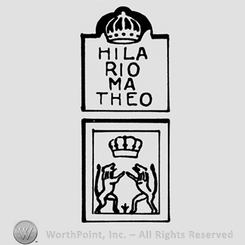 A crown above the name Hilario Matheo and another crown above two prancing lions facing each other