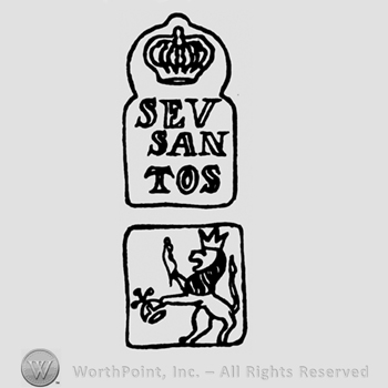 A crown above the text Sev Santos above a crowned lion holding a sword and a royal orb