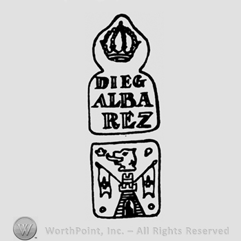 A crown above the name Dieg Albarez above a tower with a lion head above, two flags  and a crown