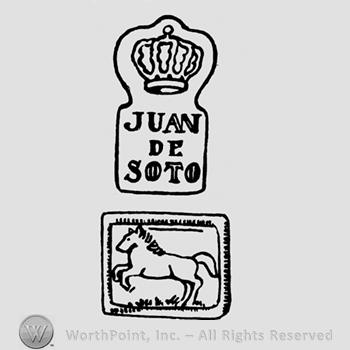 A crown above the name Juan De Soto and a picture with a horse
