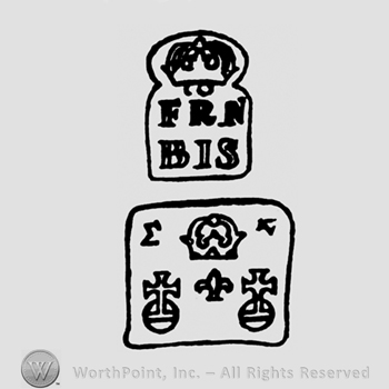 A crown above the name Frn Bis above a crown, a fleur de lis and two royal orbs