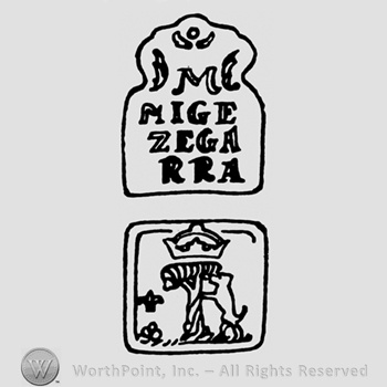 The name Mige Zerarra above a picture of a crown above a dog prancing and a tree