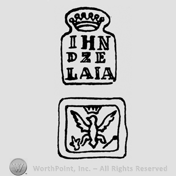 A crown above the name Ihn Dze Laia above a crowned eagle holding a scepter and a crown