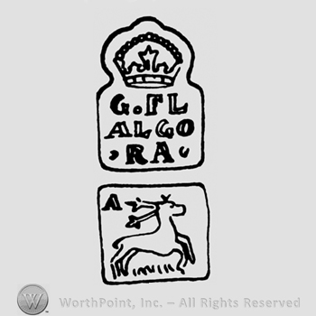 A crown above the name G F L Algora above an image with a deer