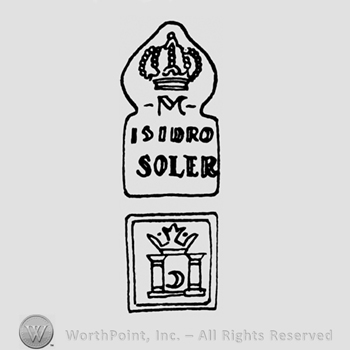 A crown above the the name Isidro Solder above a crown standing on two columns with a crescent in between