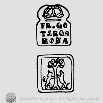 A crown above Fr Go Targa Rona above two prancing animals near a tree