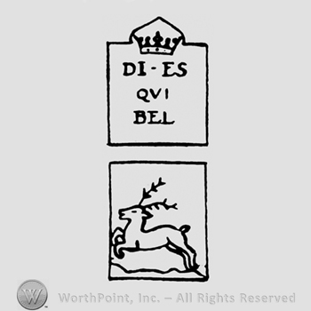 A crown above the text Di Es Qvi Bel and an image with a deer