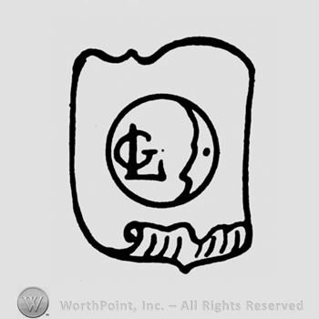 A scroll with a circle that has a crescent moon inside and the initials L C