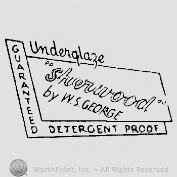 Underglaze written above a frame with Sherwood written above by W.S. George written inside it, above al L letter shape frame with Guaranteed written vertical and Detergent Proof written horizontally in it
