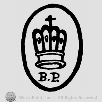 A crown above the initials B P inside an oval