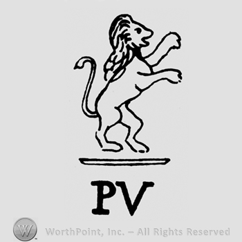 A prancing lion above the initials P V