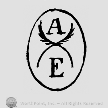 An oval with the initials A E and two crossed feathers inside