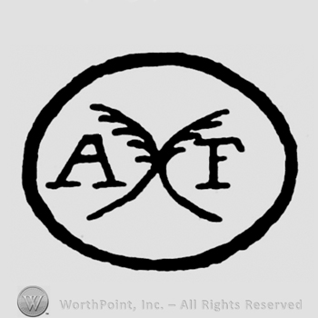 The intials A F and two crossed feathers inside an oval