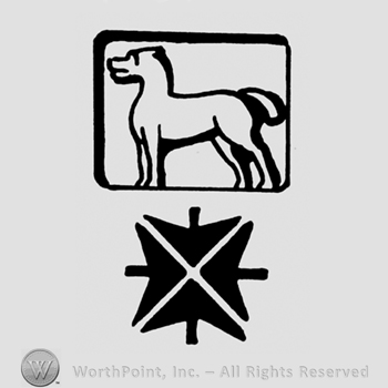 A dog above a cross made from four arrows
