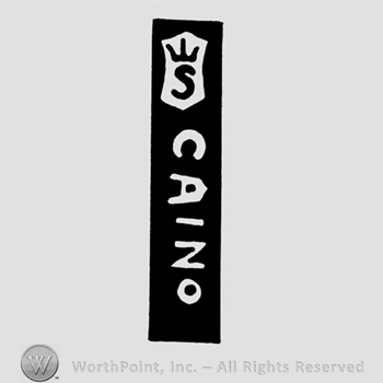 A rectangle with a shield that has a crown and an S on it and the name Caino