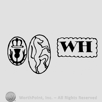 An oval with a crown and a flower inside, an oval with a prancing horse and a rectangular shape with the initials  W H inside