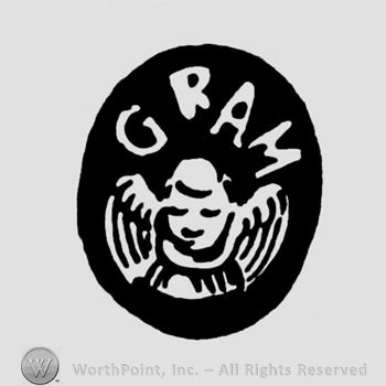 An oval with the word Gram and an angel face & wings