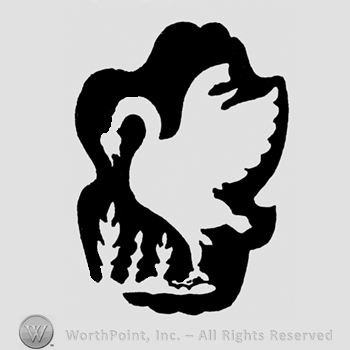A swan with the wings open and three plants