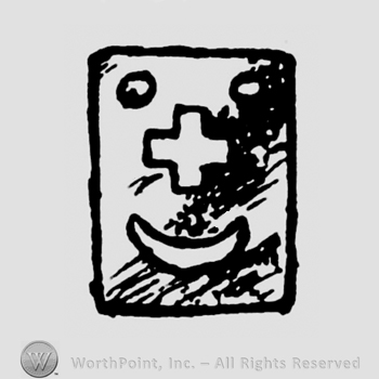 A rectangle with two circles, a cross and a crescent moon resimbling a smiling face