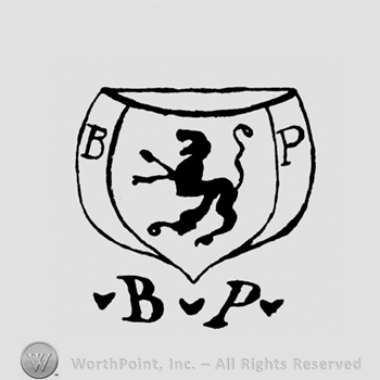 A shield with a lion and the initials B P above the initials B P