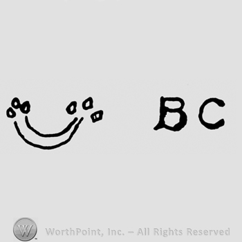 Two curved lines and six small circles and the initials B C