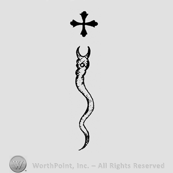 A cross above a snake that has some kind of pliers instead of its head