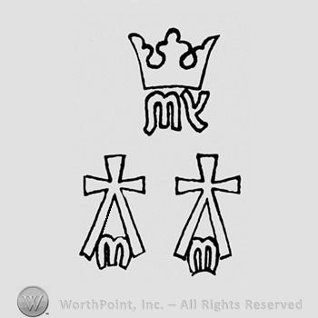A crown above the initials M Y and two split crosses with uppercase M